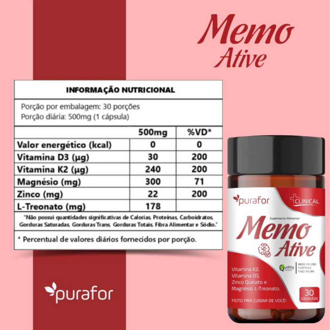Memo Ative Vitamina K2 Vitamina D3 Zinco Magnésio e Treonato